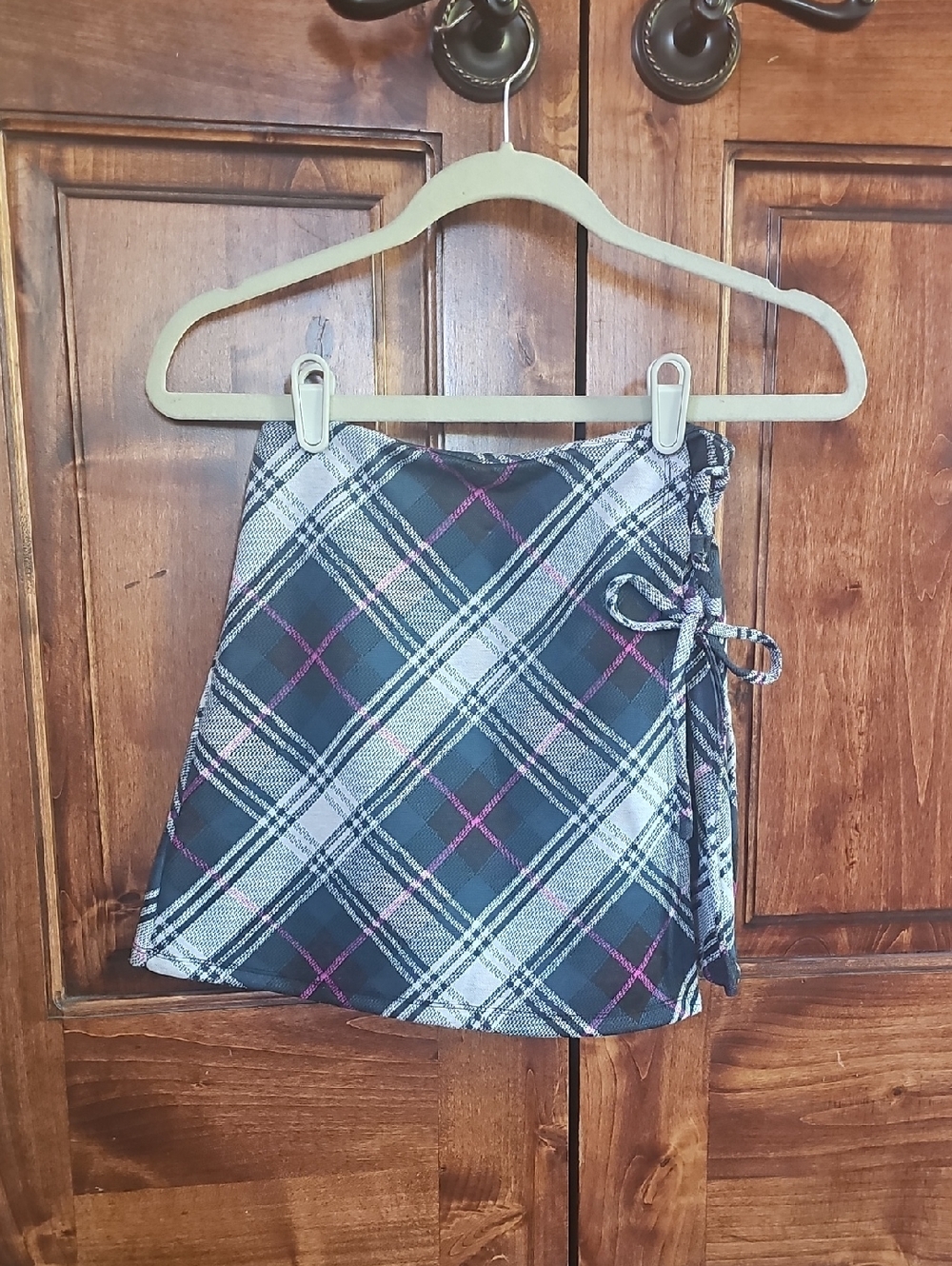Plaid Wrap Mini Skirt in Black and Pink Accent